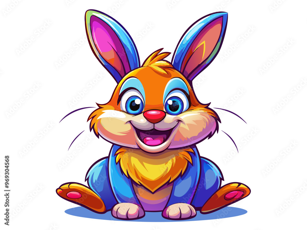 a colorful cartoon illustration of a cute rabbit. The rabbit has a bright orange face and body with blue accents on its ears, arms, and legs. Its ears are large and upright a colorful cartoon illustration of a cute rabbit. The rabbit has a bright orange face and body with blue accents on its ears, arms, and legs. Its ears are large and upright