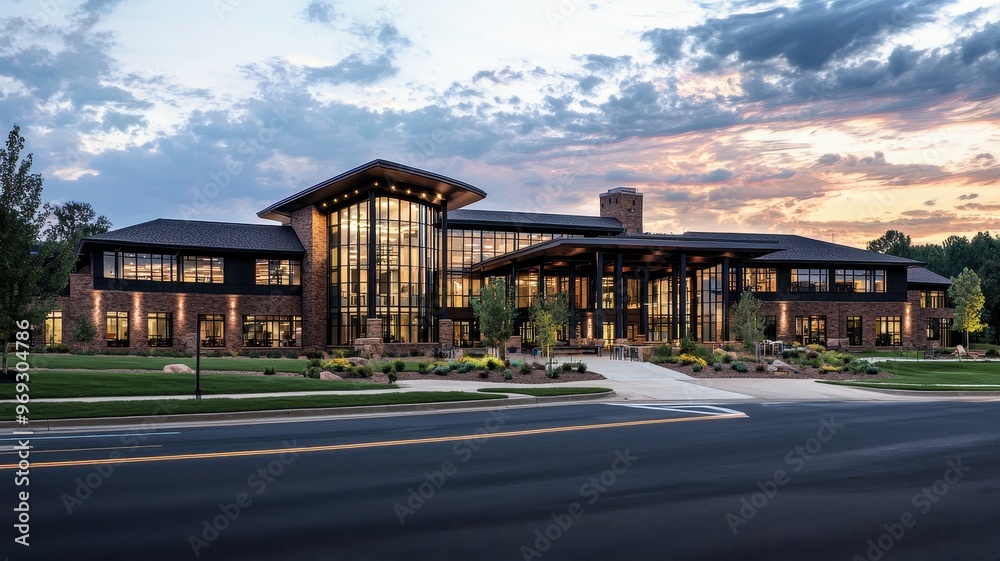 Fototapeta premium Modern architectural building with large glass windows, beautifully lit at sunset, surrounded by lush landscaping and open sky.