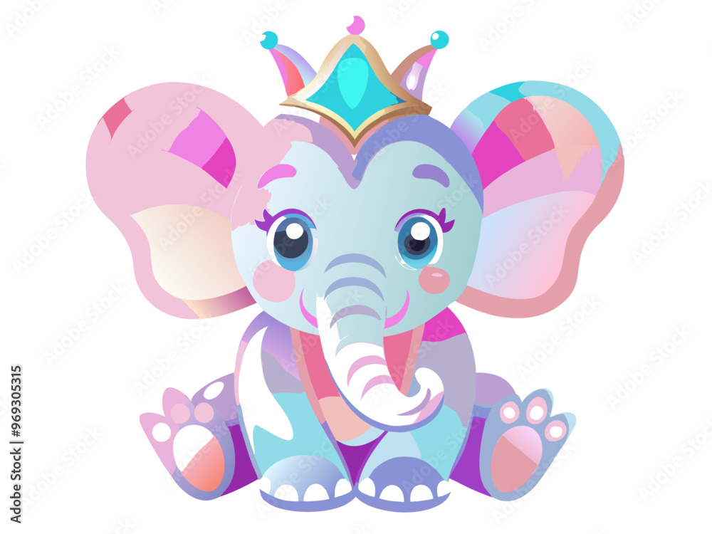 Obraz premium a cute, cartoon-style illustration of a baby elephant. The elephant is sitting down and has a colorful, patchwork appearance with shades of blue, pink, and purple