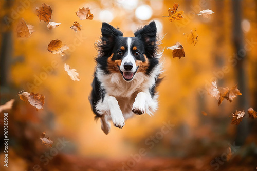 portrait of a dog jumping in the autumn forest