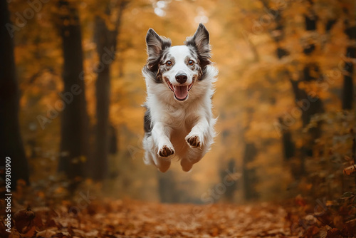 portrait of a dog jumping in the autumn forest