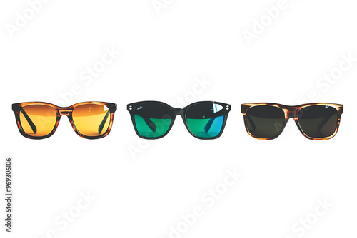 Trois paires de lunettes de soleil colorées sur fond transparent PNG