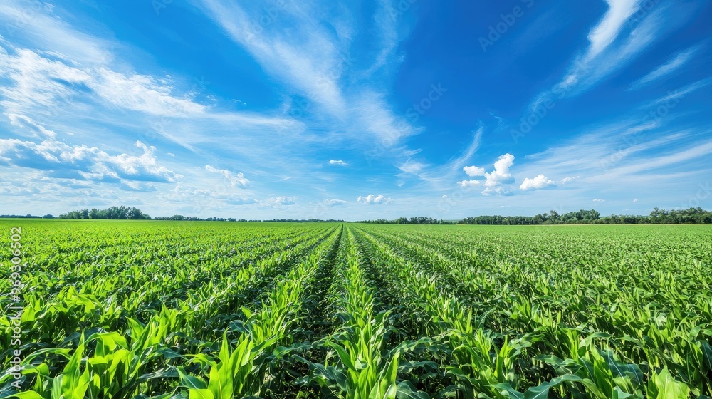 Green cornfields under a wide-open sky with bright blue hues and scattered clouds, illustrating a peaceful agricultural landscape. Green cornfields under a wide-open sky with bright blue hues and scattered clouds, illustrating a peaceful agricultural landscape.