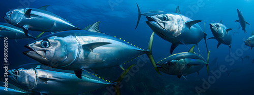 Wallpaper Mural A school of tuna swims in the ocean depths. Concept of the underwater world of Tuna migration. Torontodigital.ca