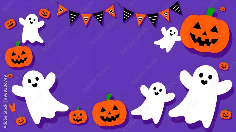 Halloween Ghost and Pumpkin Paper Cutout Decoration Purple Background