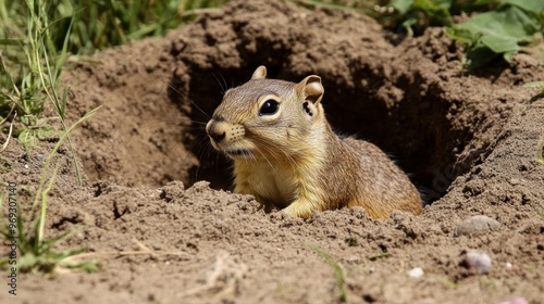 Gopher peering out of its burrow with the dirt around it and grass in the background. The ground squirrel has brown fur on top while its white underbelly is also visible.