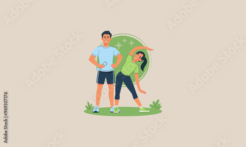 a man lifting a dumbbell and a woman stretching