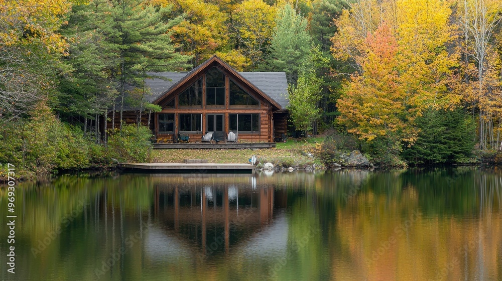 Fototapeta premium A serene lakeside cabin with large windows reflecting the calm waters and a small dock extending into the lake.