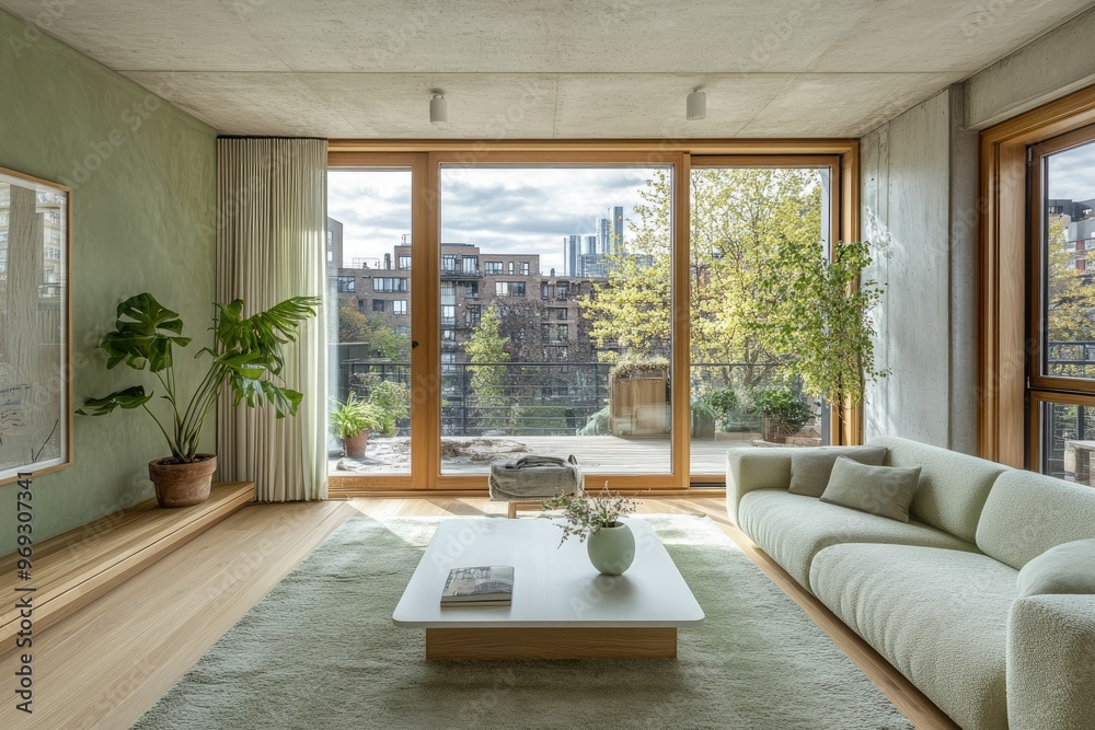 Fototapeta premium A modern living room with large windows showcasing a green outdoor view.