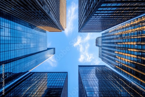 Looking Up modern high-rise office buildings with blue sky in the background with generative ai