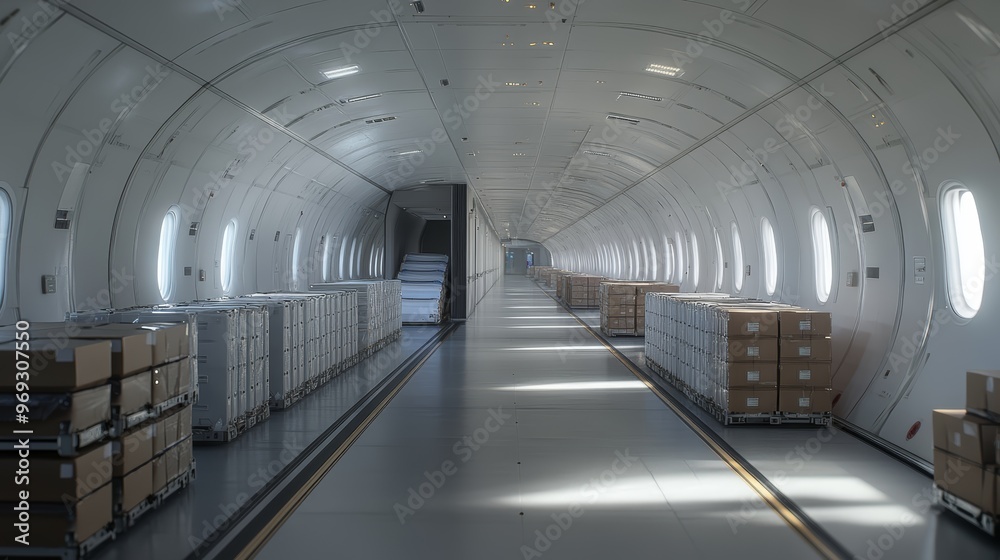 Obraz premium Cargo Airplane Interior with Boxes.