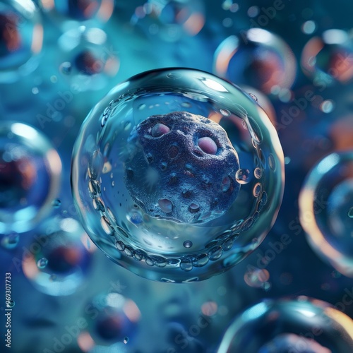 Close-Up View of a Single Cell in a Blue Liquid Medium