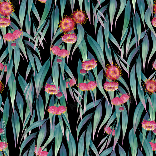 Fototapeta Naklejka Na Ścianę i Meble -  Eucalyptus branches with flowers watercolor seamless pattern. Hand drawn illustration of medical plant of Australian flora. Endless flora background for fabric and wallpaper.