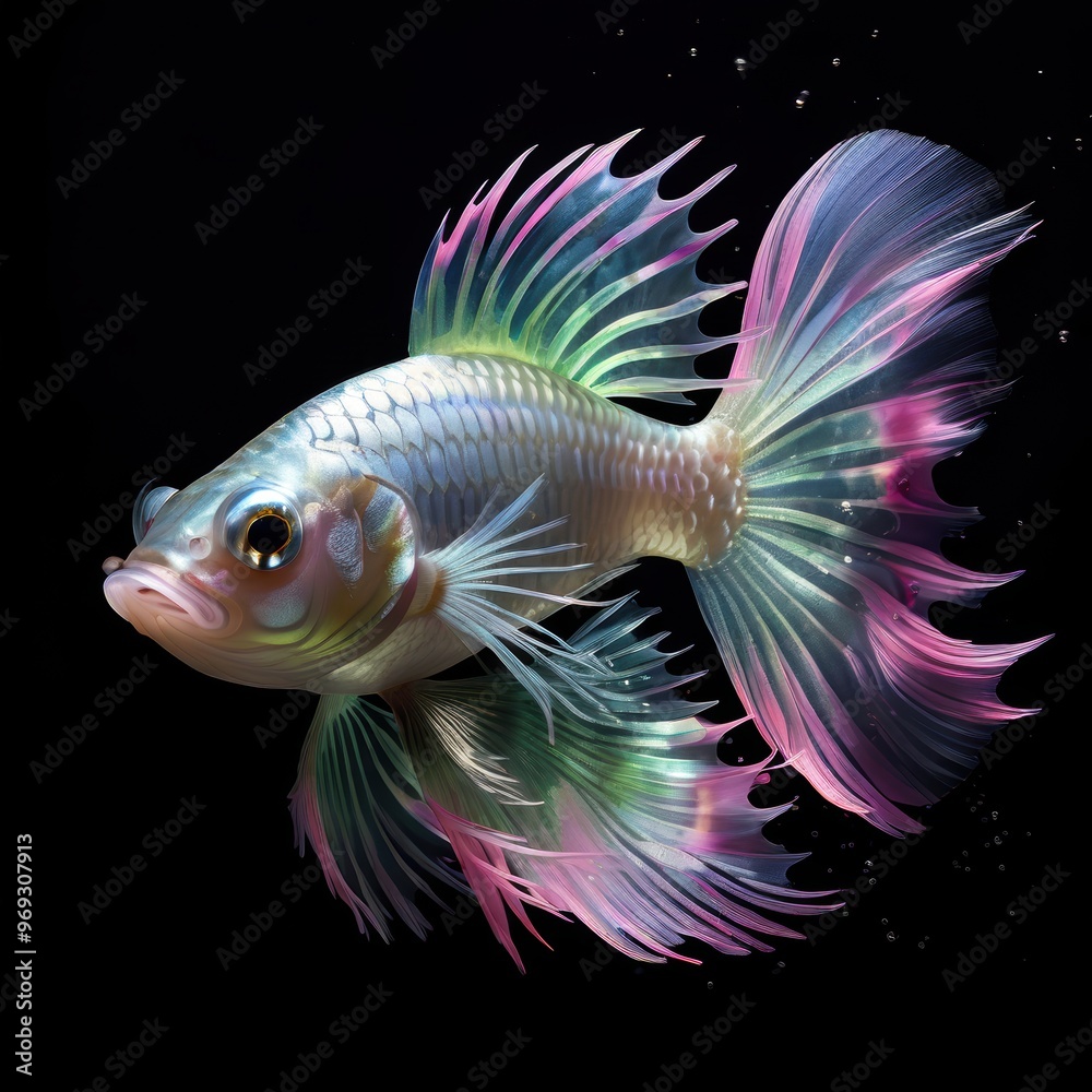 A colorful, ethereal fish with flowing fins swimming against a dark background. A colorful, ethereal fish with flowing fins swimming against a dark background.