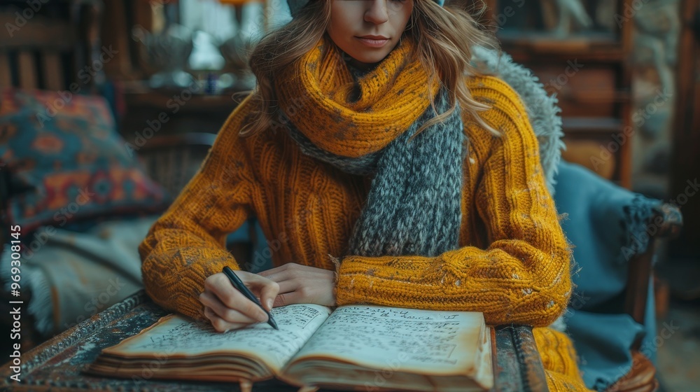 Obraz premium Young Woman with Yellow Sweater and Winter Scarf Writes in Notebook at Home, Lifestyle Image