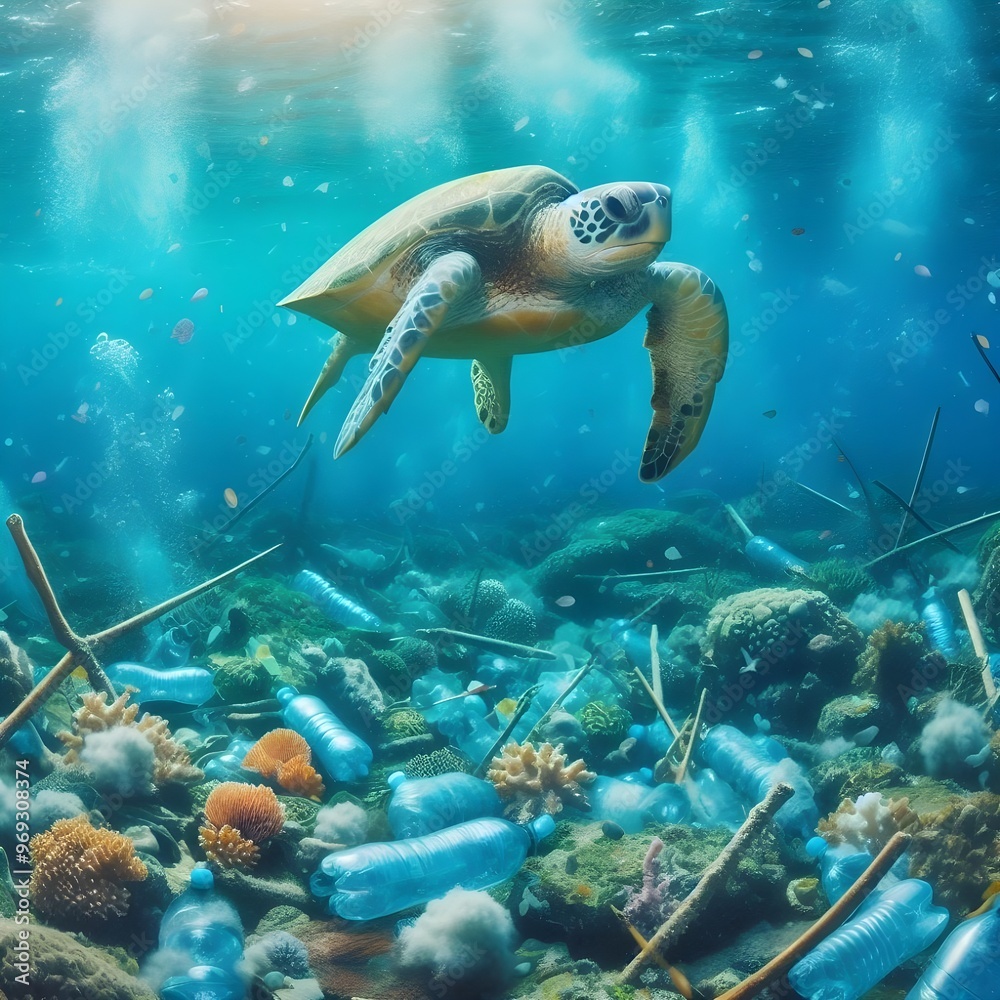 Fototapeta premium A sea turtle swimming in the ocean surrounded by plastic bags floating near the surface