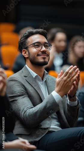 A man in a suit smiles and applauds during an event, surrounded by an audience.