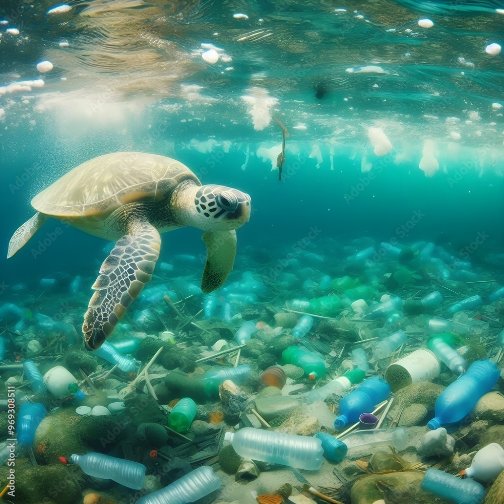 A sea turtle swimming in the ocean surrounded by plastic bags floating near the surface A sea turtle swimming in the ocean surrounded by plastic bags floating near the surface
