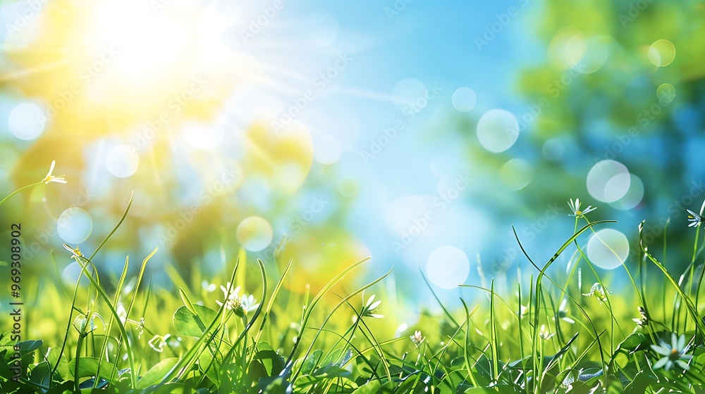 Fototapeta premium Fresh Spring Blue Sunny Sky Background with Blurred Warm Glow and Copy Space