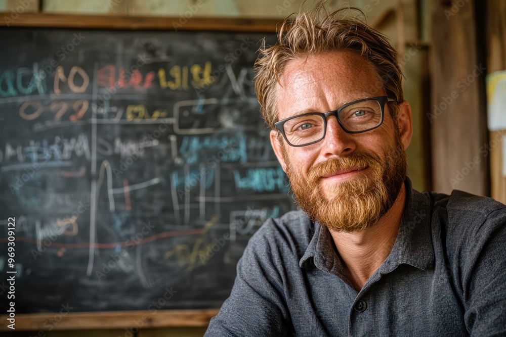 A bearded man wearing glasses and a casual shirt smiles against a chalkboard background filled with colorful writings and diagrams, perfect for educational content, teaching promotions A bearded man wearing glasses and a casual shirt smiles against a chalkboard background filled with colorful writings and diagrams, perfect for educational content, teaching promotions