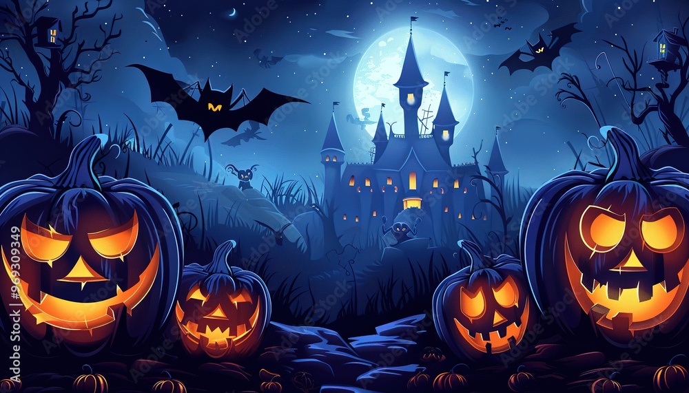 Fototapeta premium Halloween pumpkins and castle background, scary illustration