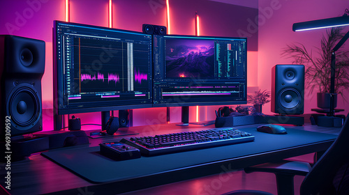 Modern video editing studio with dual monitors, audio mixing panels, and neon lighting creating a vibrant atmosphere
