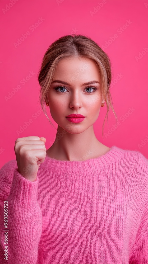 Pretty woman showing fist, with a symbol of the fight against breast cancer on her clothes, bright solid background