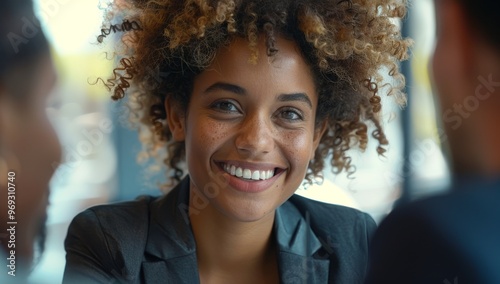 Fototapeta Naklejka Na Ścianę i Meble -  Woman in professional attire, smiling with confidence during an job interview. Candidate best top applicant