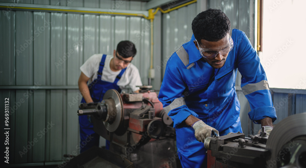 Two men in blue and white work on a machine. One of them is wearing a hard hat Two men in blue and white work on a machine. One of them is wearing a hard hat