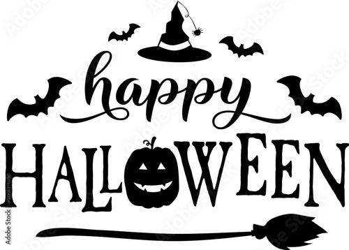 Happy halloween sign with bat, pumpkin, witch hat