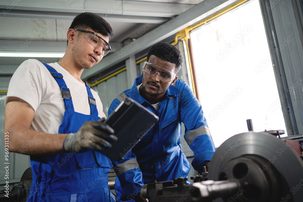 Two men are working on a machine in a workshop. One of them is wearing a blue shirt and the other is wearing a white shirt Two men are working on a machine in a workshop. One of them is wearing a blue shirt and the other is wearing a white shirt