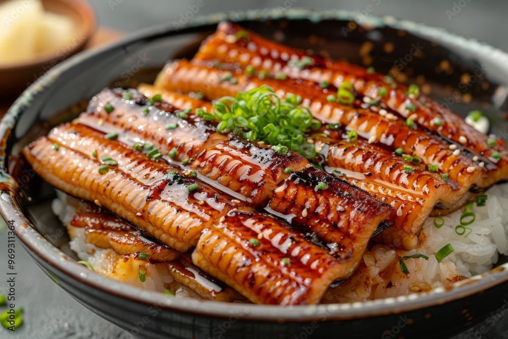 A dish of grilled eel (unagi) on rice A dish of grilled eel (unagi) on rice