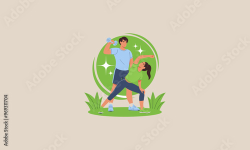 a man lifting a dumbbell and a woman stretching