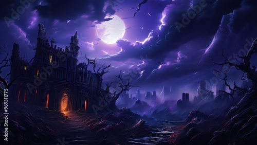 A dark, atmospheric landscape featuring a haunted castle under a full moon.