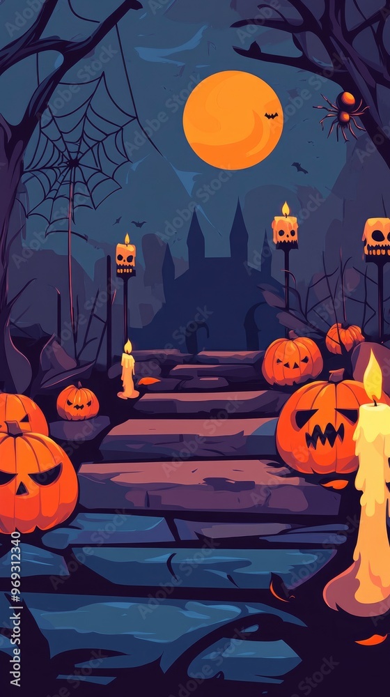 Fototapeta premium Flat vector style halloween themed background, pumpkins, candles, spider webs and skulls, macabre atmosphere 