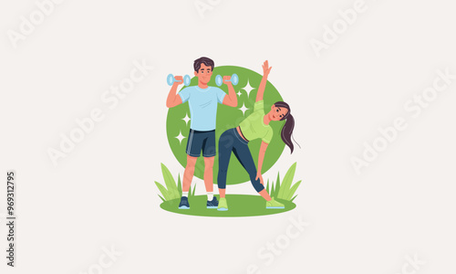 couple exercising outdoors with weights and stretching