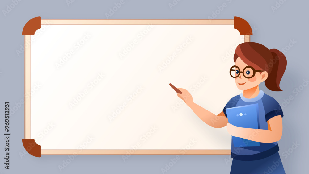Woman teacher standing by the whiteboard in the classroom, writing on the school board Illustration Woman teacher standing by the whiteboard in the classroom, writing on the school board Illustration