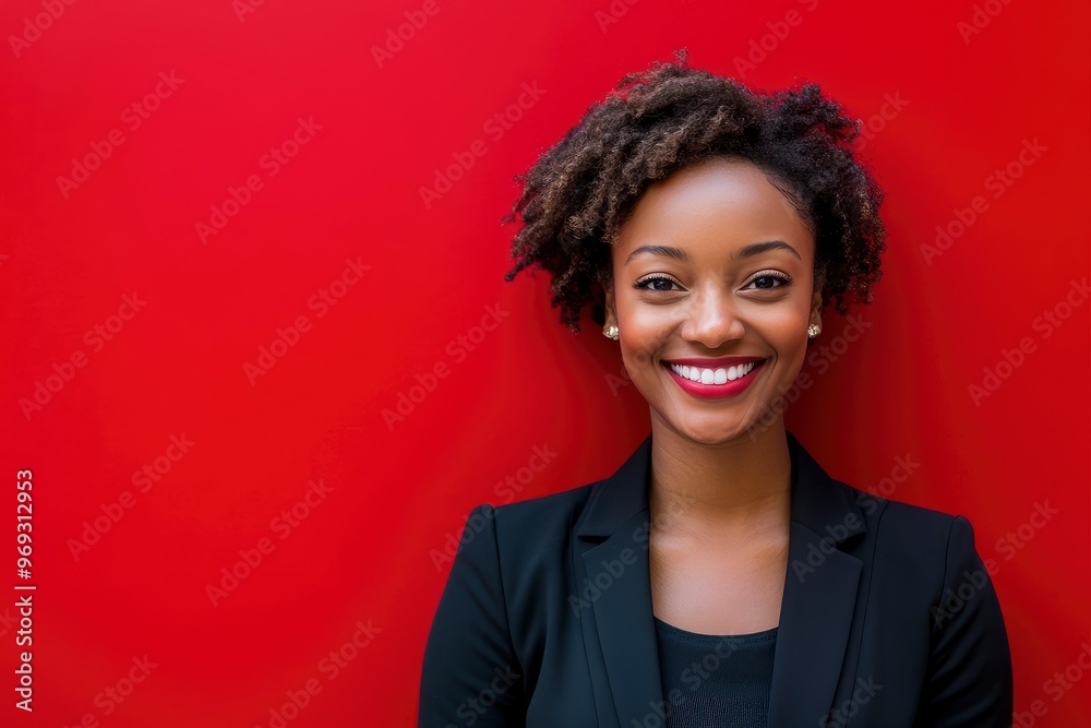 Portrait of a african american businesswoman smiling against red background. casual business, technology and office concept with generative ai Portrait of a african american businesswoman smiling against red background. casual business, technology and office concept with generative ai