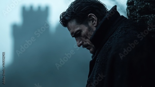 A bearded man in a dark, elegant coat leans against a stone structure with an ancient castle in the misty background, creating an atmosphere of contemplation and resolve. photo