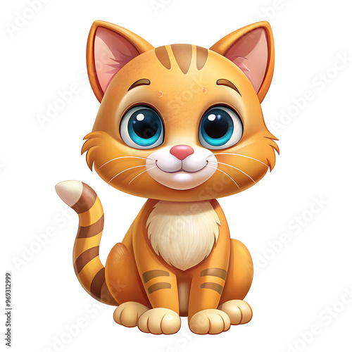 Cute cartoon cat character with big eyes sitting happily on a white background 