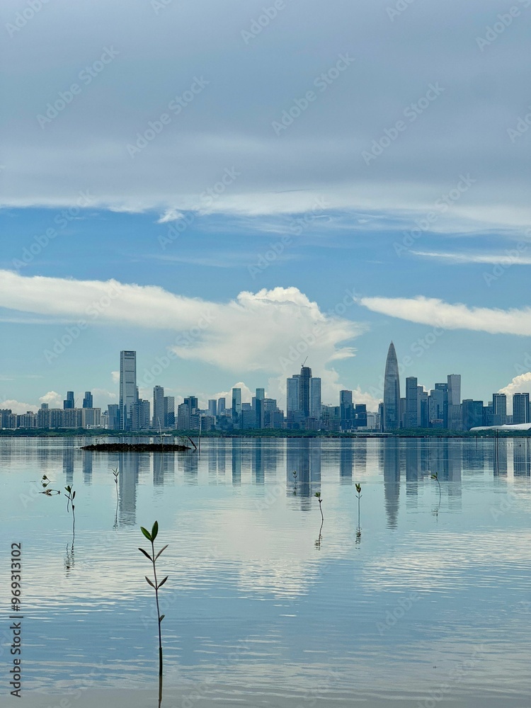 Fototapeta premium Serene coastal landscape of Deep Bay Wetlands in Hong Kong