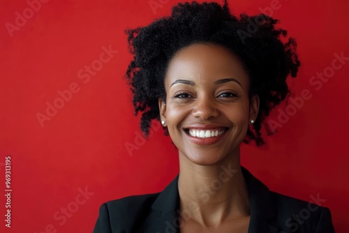 Portrait of a african american businesswoman smiling against red background. casual business, technology and office concept with generative ai