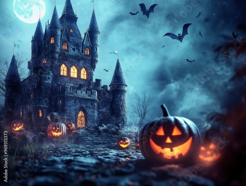 Halloween themed background with castle, scary atmosphere, lots of details