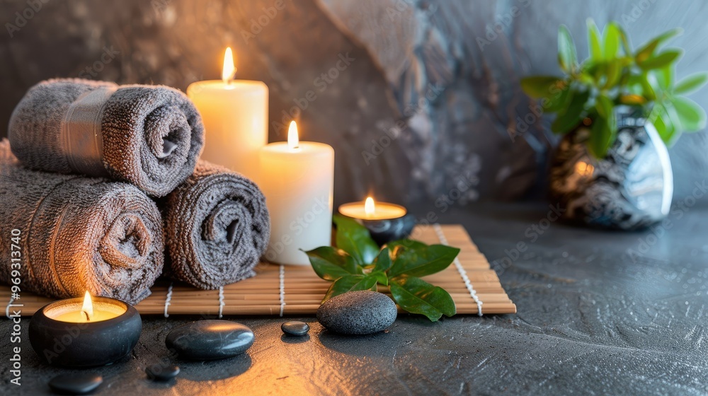 an ultra-realistic photograph of spa elements like candles, stones and towel an ultra-realistic photograph of spa elements like candles, stones and towel
