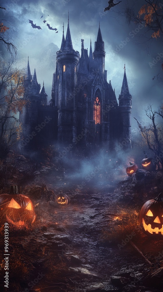 Halloween themed background with castle, scary atmosphere, lots of details