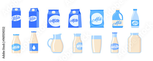 Milk pack. Milk bottle icon set. Flat style. Vector