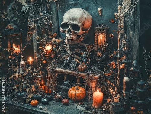 Halloween themed scary background, macabre atmosphere, lots of details