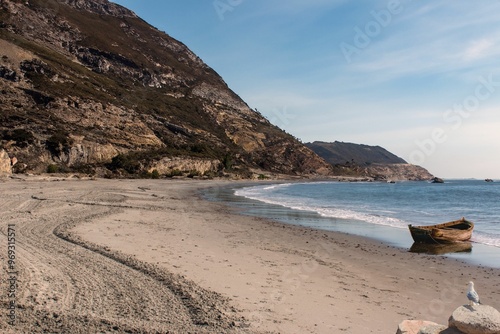 Scenic view of a deserted beach with a wooden boat and seagull under a clear blue sky