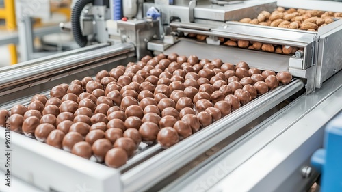 Chocolate-covered nuts rolling through a coating machine in a factory, Chocolate production, snack manufacturing, coating process photo