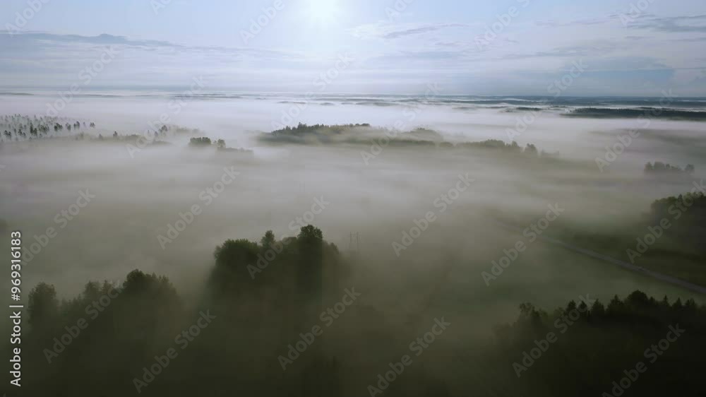 Drone flying above a fog cover over a forest, with cloudy sky in the background